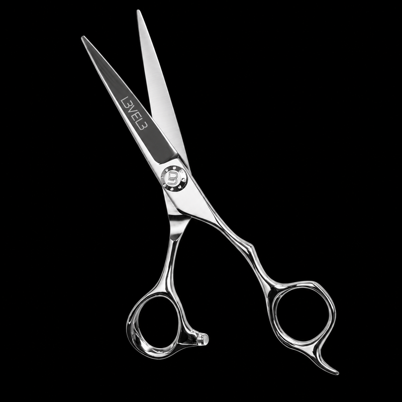 L3VEL3 Professional Hair Cutting Shears 440C - open shear shown at a diagonal angle, showcasing the offset handle design and mirror-polished stainless steel finish