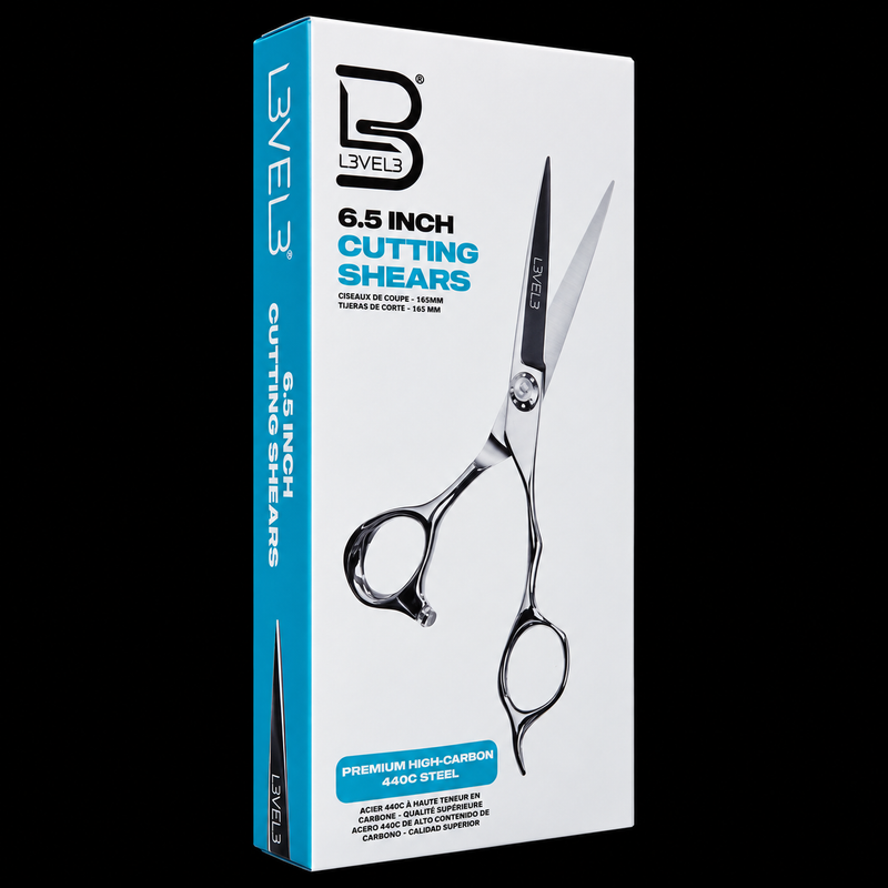 L3VEL3 Professional Hair Cutting Shears 440C - retail box shown at a three-quarter angle displaying front and side panel branding