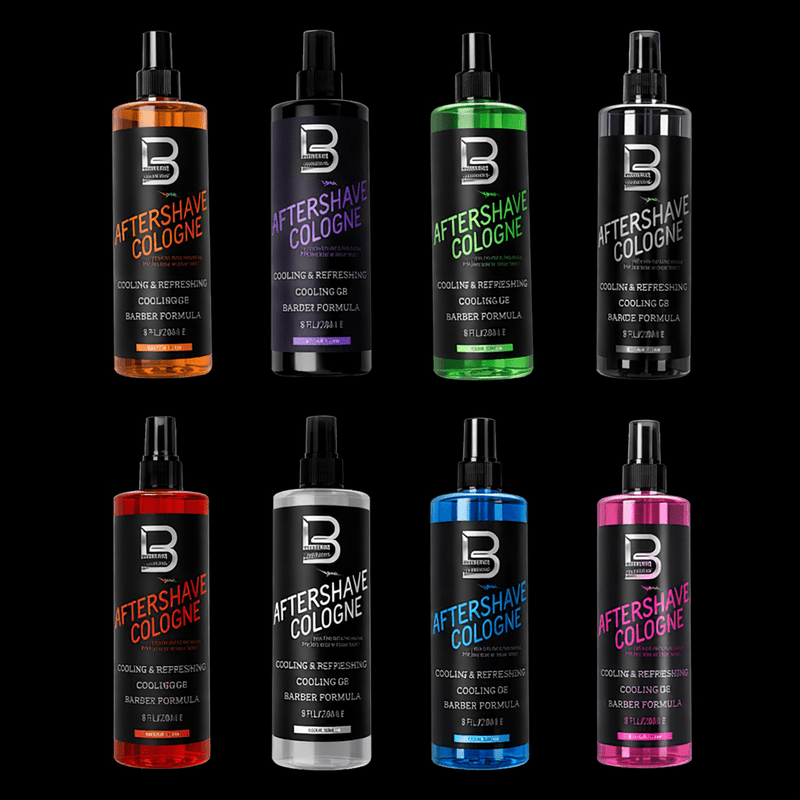Collection of L3VEL3 aftershave cologne bottles in various colors on a black background