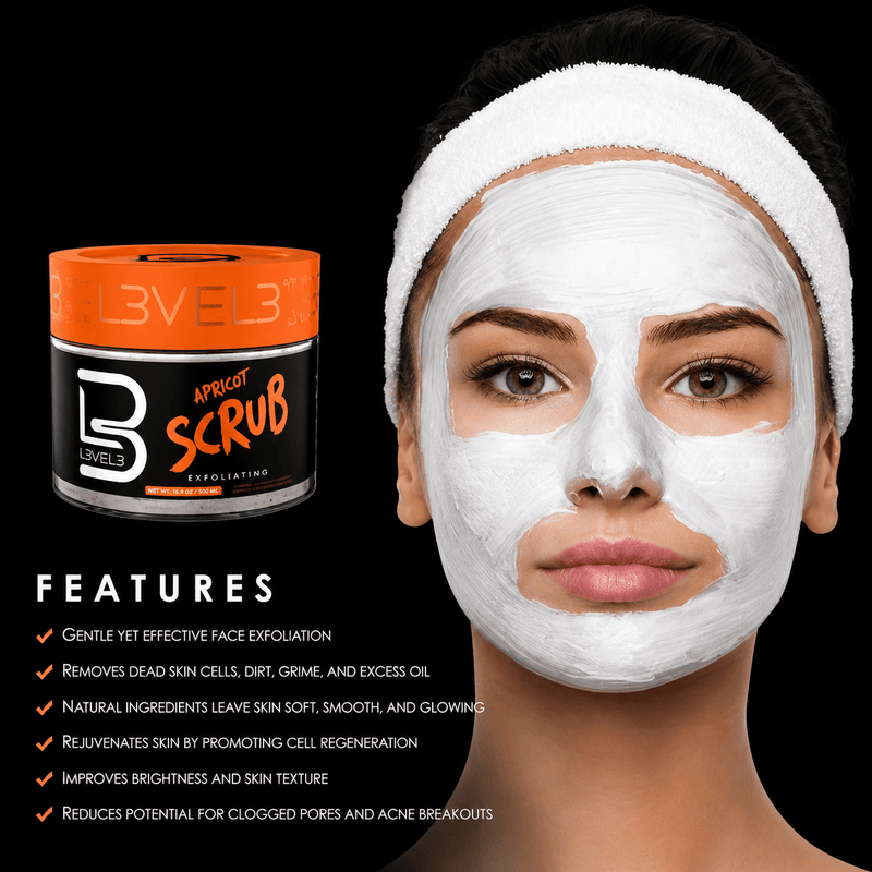 L3VEL3 Apricot Facial Scrub exfoliating skincare treatment with face mask application and benefits