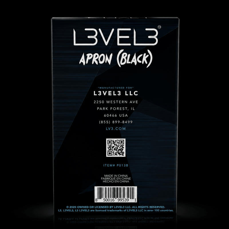 L3VEL3 Barber Apron Black Back Label with Product Information