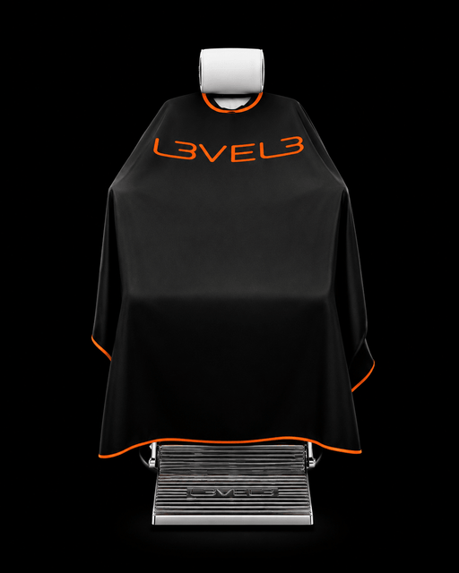 Black barber cape with 'LEVEL3' branding on a black background