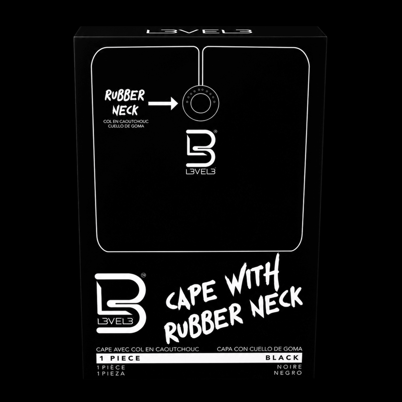 L3VEL3 Barber Cape with Rubber Neck Retail Packaging Front View