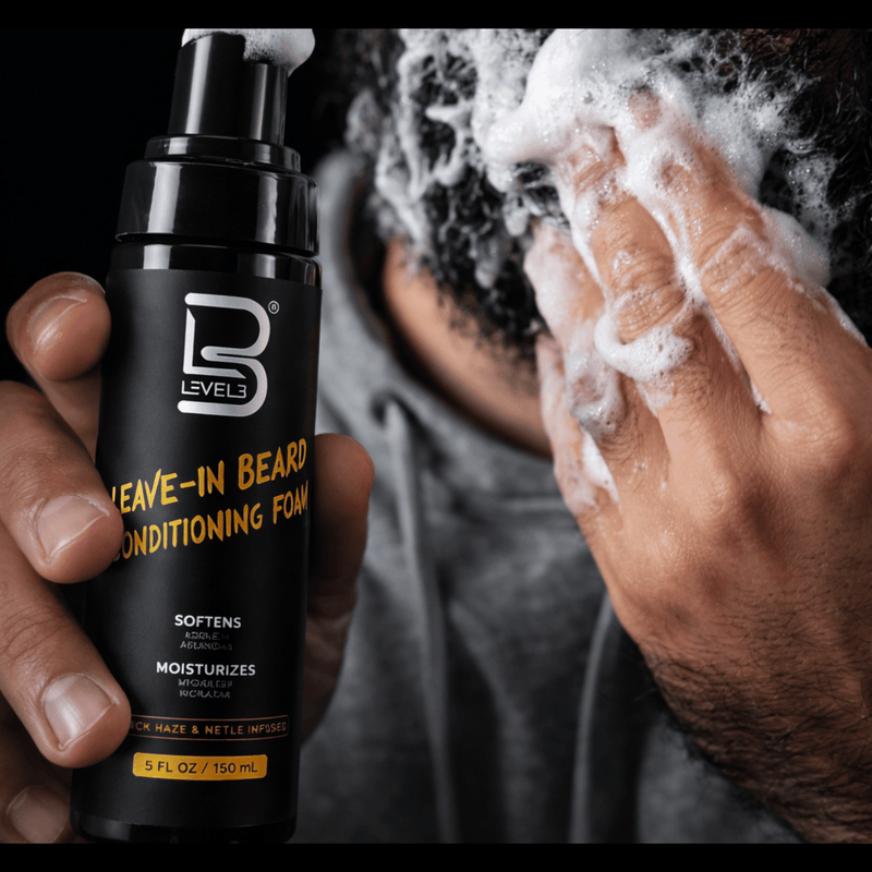 L3VEL3 Leave-In Beard Conditioning Foam being applied to beard