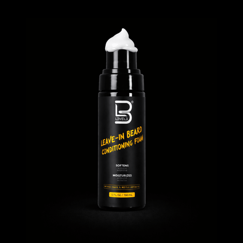 L3VEL3 Leave-In Beard Conditioning Foam bottle with foam on top