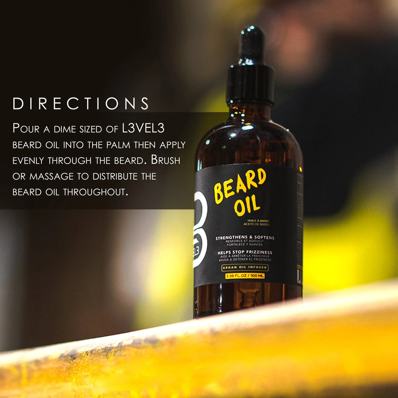 How to use L3VEL3 beard oil with step by step directions for applying and distributing evenly through the beard