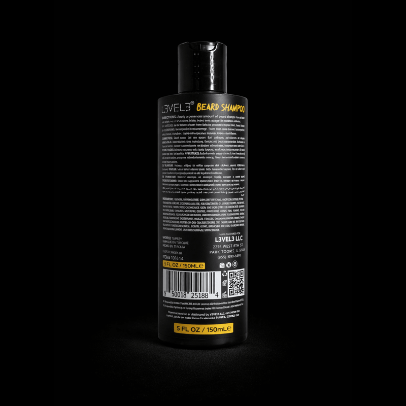 Back of beard shampoo bottle with black and yellow label on a black background