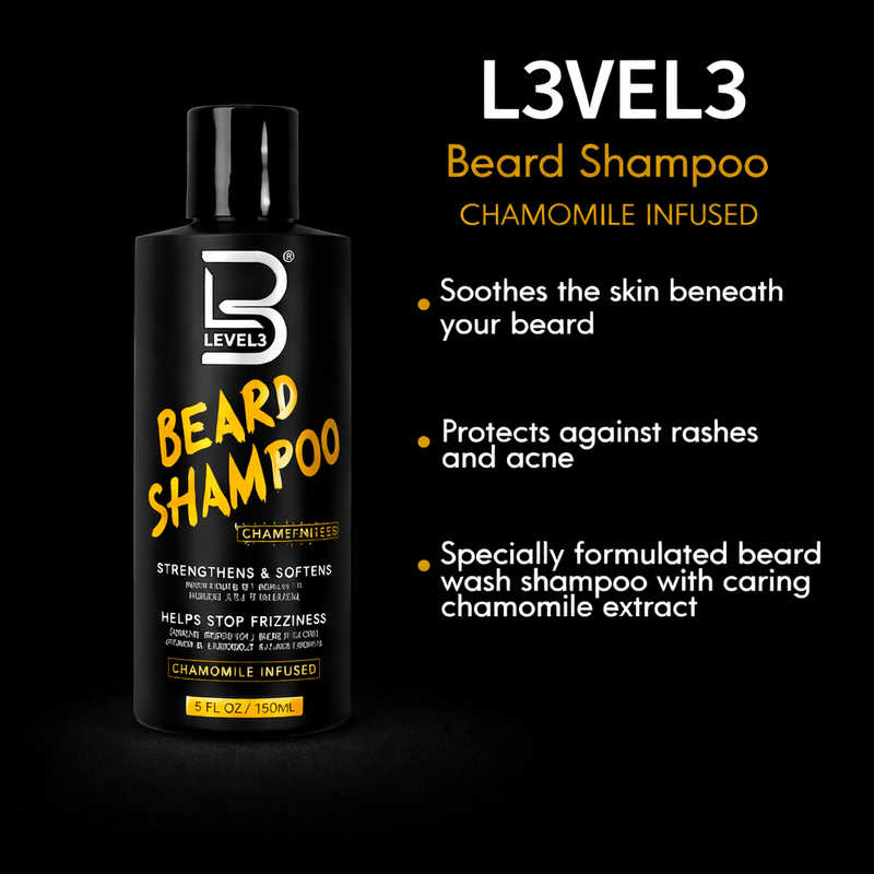 Level 3 Beard Shampoo bottle with product details on a black background
