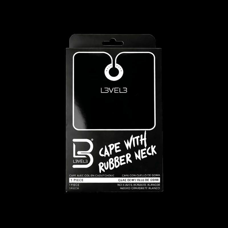 Black packaging of Level 3 cape with rubber neck on a white background