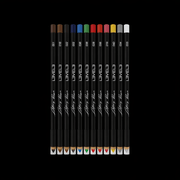 Set of 12 piece set of color pencils from L3VEL3 on a black background 