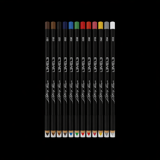 Set of 12 piece set of color pencils from L3VEL3 on a black background 