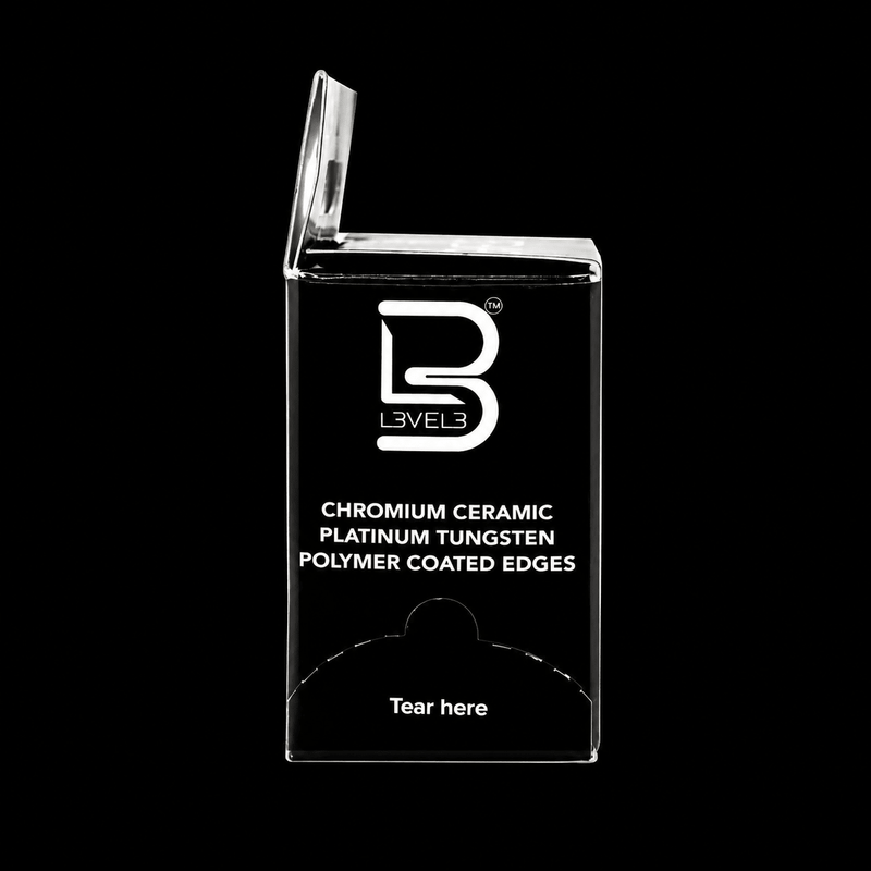 Side View of L3VEL3 Platinum Double Edge Razor Blade Dispenser Box left side of box