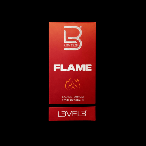 L3VEL3 Flame Eau de Parfum Cologne packaging on black background 