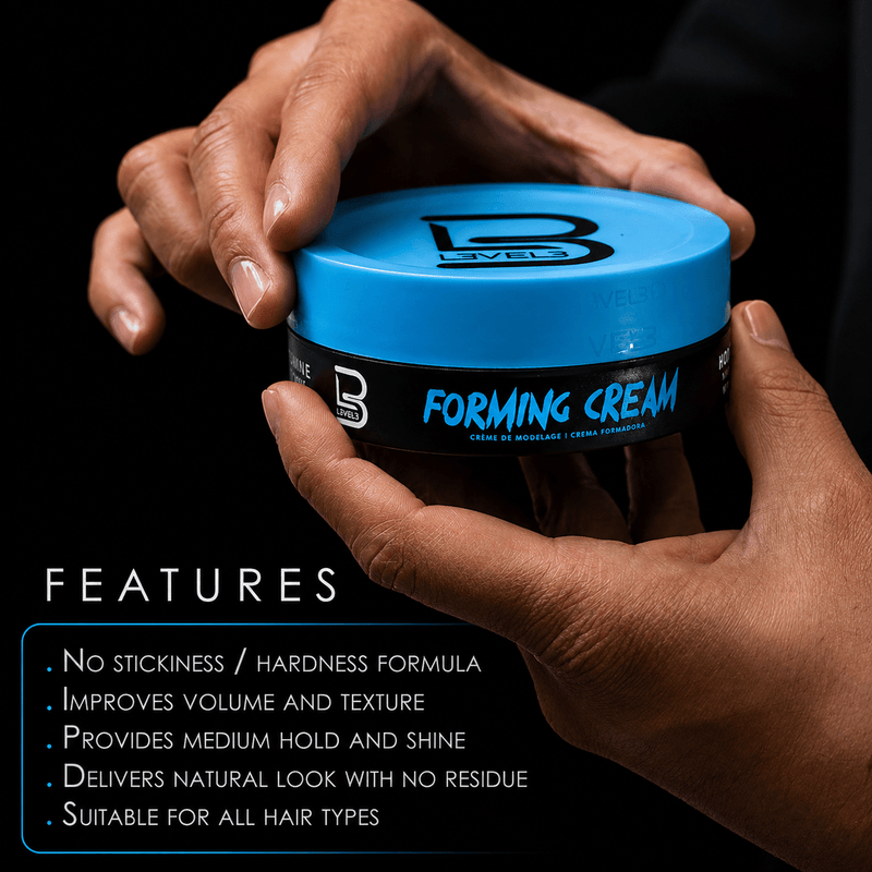 L3VEL3 Forming Cream being held for styling showing professional barber use and application