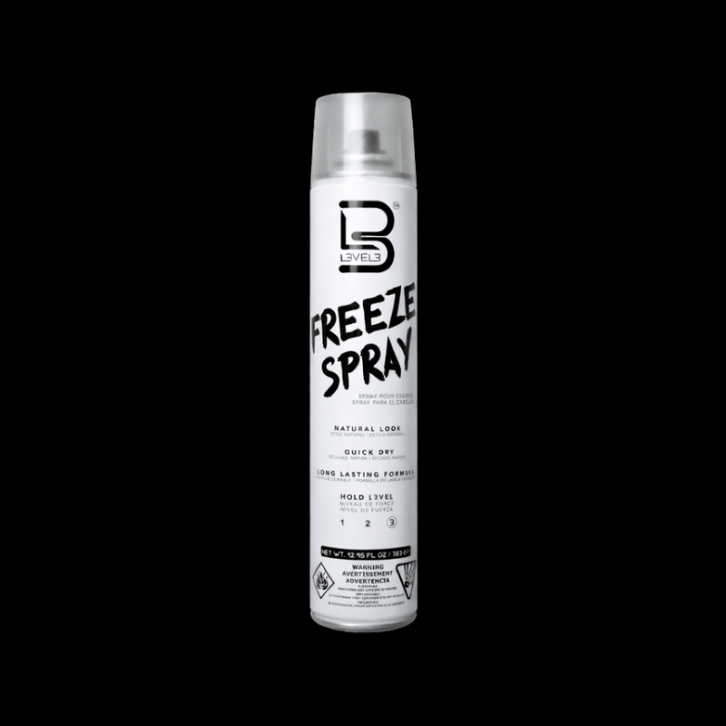 Hair spray can with 'Freeze Spray' label on a white spray can on a black background 