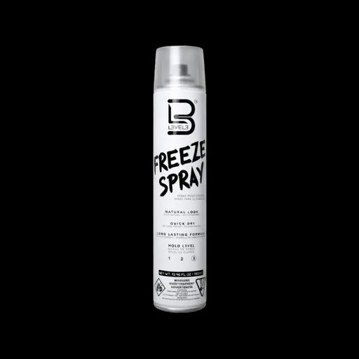 Hair spray can with 'Freeze Spray' label on a white spray can on a black background 