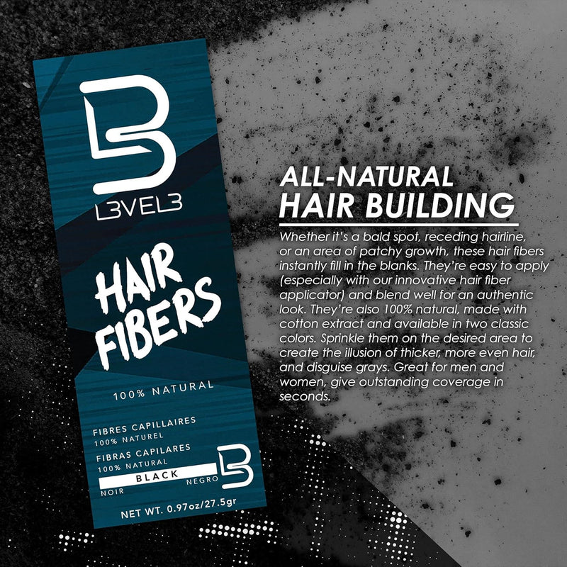 L3VEL3 Hair Fibers Black box with all-natural hair building fibers info graphic