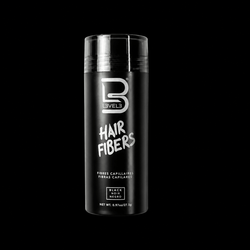 L3VEL3 Hair Fibers Black 0.97 oz bottle, front view on black background