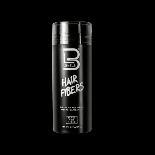 L3VEL3 Hair Fibers Black 0.97 oz bottle, front view on black background