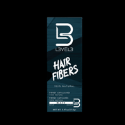L3VEL3 Hair Fibers Black box, 100% natural, 0.97 oz / 27.5 g, on black background