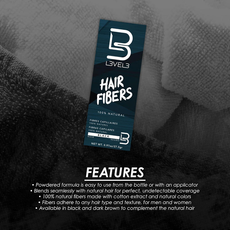 L3VEL3 Hair Fibers Black box with features list: natural cotton fibers, blends with any hair type