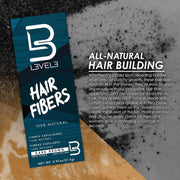 L3VEL3 Hair Fibers Dark Brown box with all-natural hair building fibers info graphic
