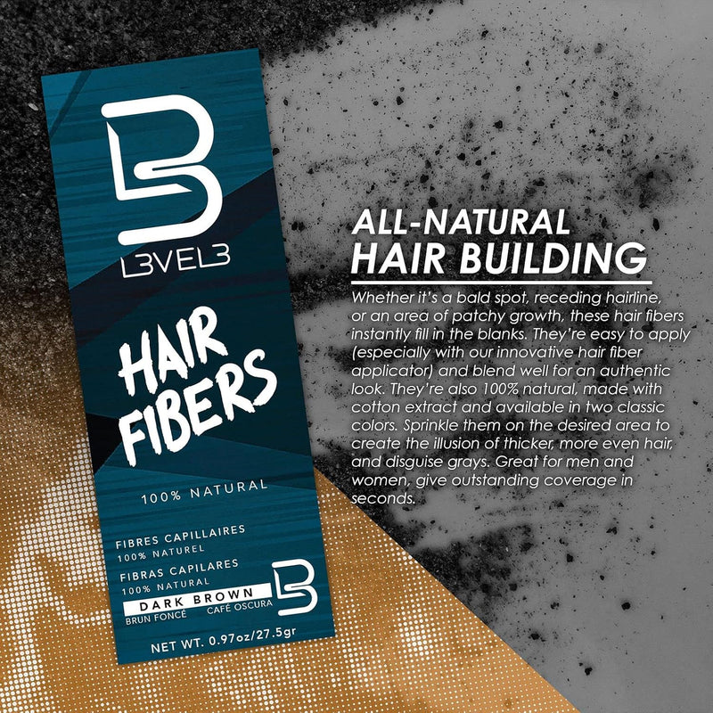 L3VEL3 Hair Fibers Dark Brown box with all-natural hair building fibers info graphic