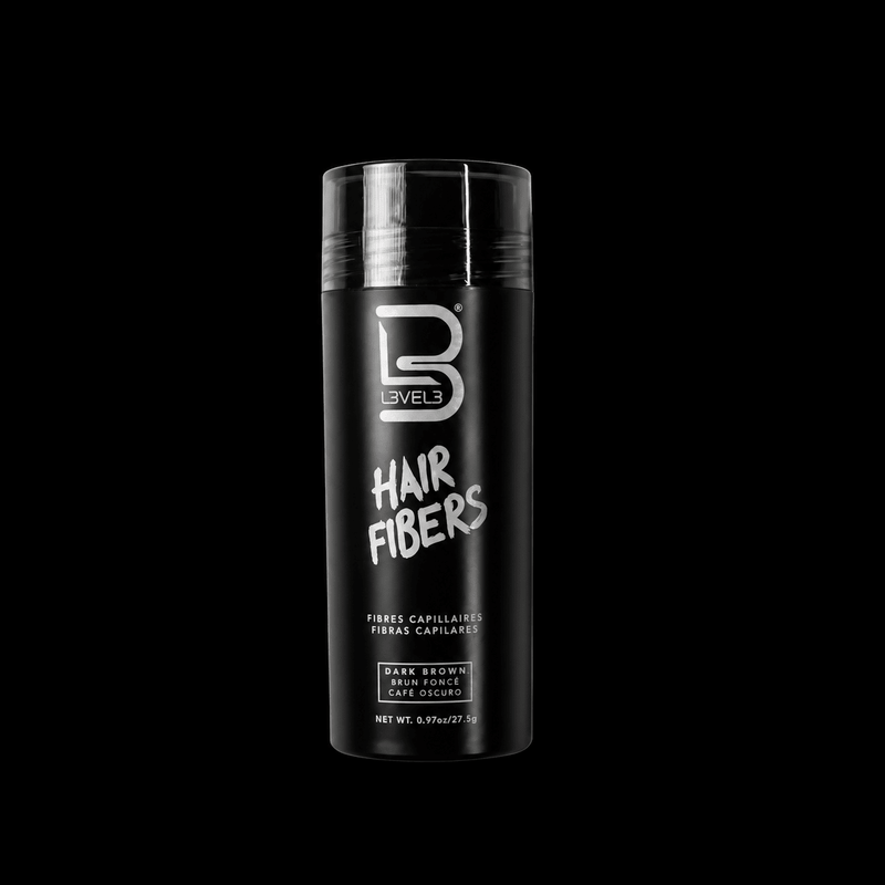 L3VEL3 Hair Fibers Dark Brown 0.97 oz bottle, front view on black background