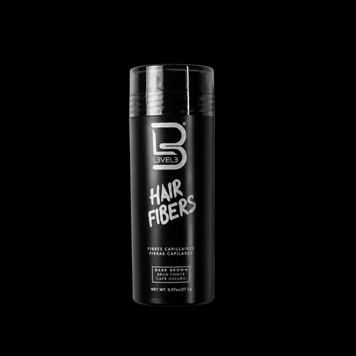 L3VEL3 Hair Fibers Dark Brown 0.97 oz bottle, front view on black background