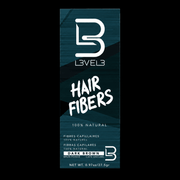 L3VEL3 Hair Fibers Dark Brown box, 100% natural, 0.97 oz / 27.5 g, on black background