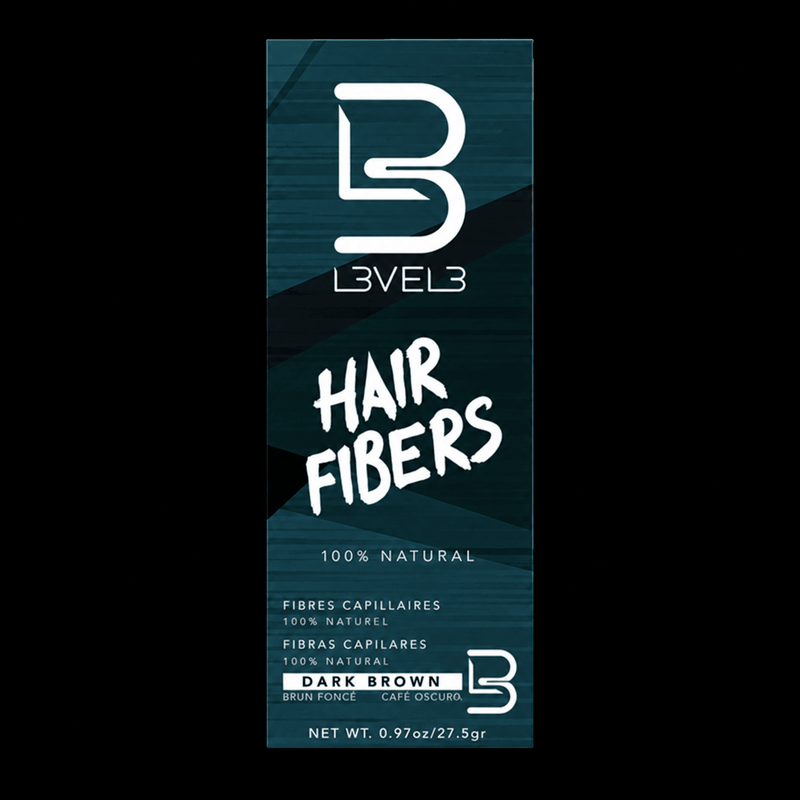 L3VEL3 Hair Fibers Dark Brown box, 100% natural, 0.97 oz / 27.5 g, on black background