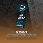 L3VEL3 Hair Fibers Dark Brown box with features list: natural cotton fibers, blends with any hair type