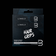 Packaging of Level 3 hair grips with branding on a black background