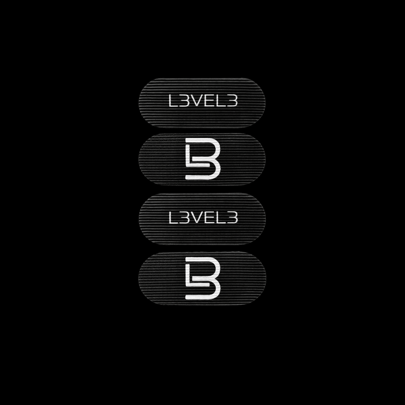 Four oval-shaped 'LEVEL3' logos with a stylized letter 'B' on a black background.