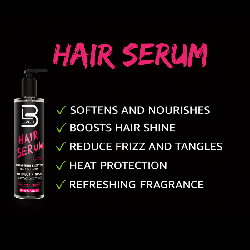 Hair serum bottle with text listing benefits on a black background