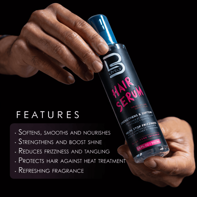 LVL3 hair serum bottle held by a hand with product features listed on a black background