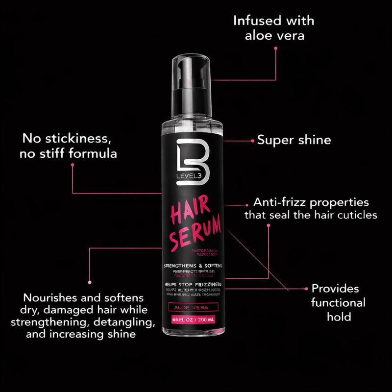 Hair serum bottle with features highlighted on a black background