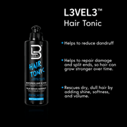 L3VEL3 Hair Tonic bottle with product benefits on a black background