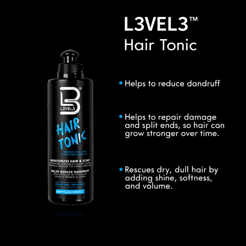 L3VEL3 Hair Tonic bottle with product benefits on a black background