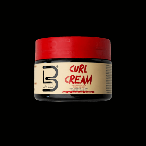 Jar of Curl Cream with a red lid on a black background