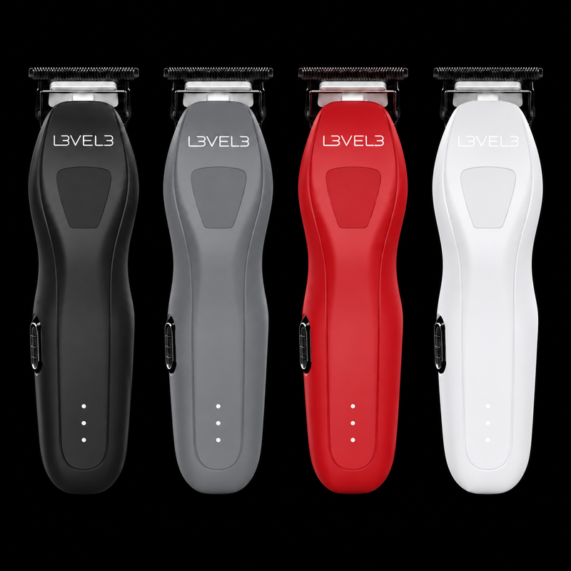 L3VEL3 LV Series 1 Cordless Trimmer in black, gray, red and white side by side on a black background