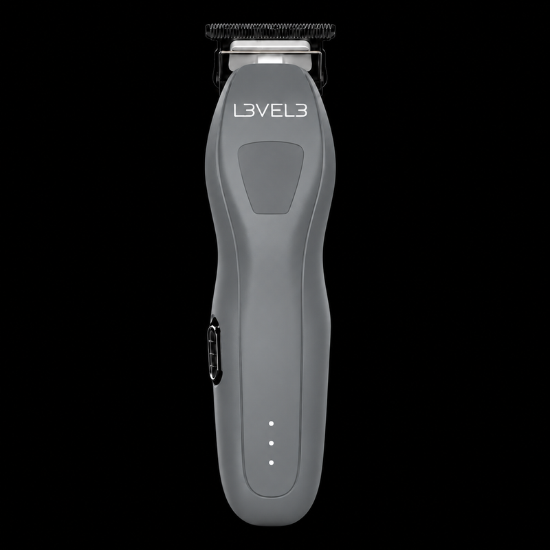 L3VEL3 LV Series 1 Cordless Trimmer in gray, front view on a black background