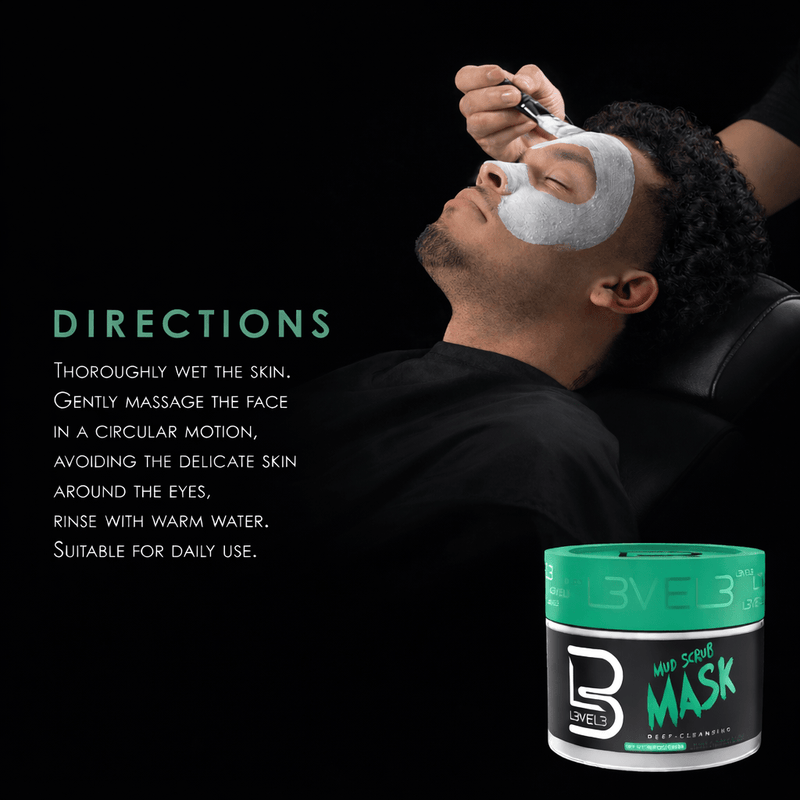 Man receiving a facial mask treatment with L3VEL3 mud facial product while written directions are on the left. 