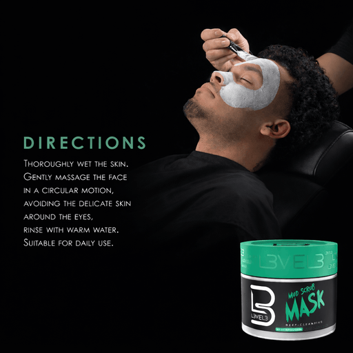 Man receiving a facial mask treatment with L3VEL3 mud facial product while written directions are on the left. 