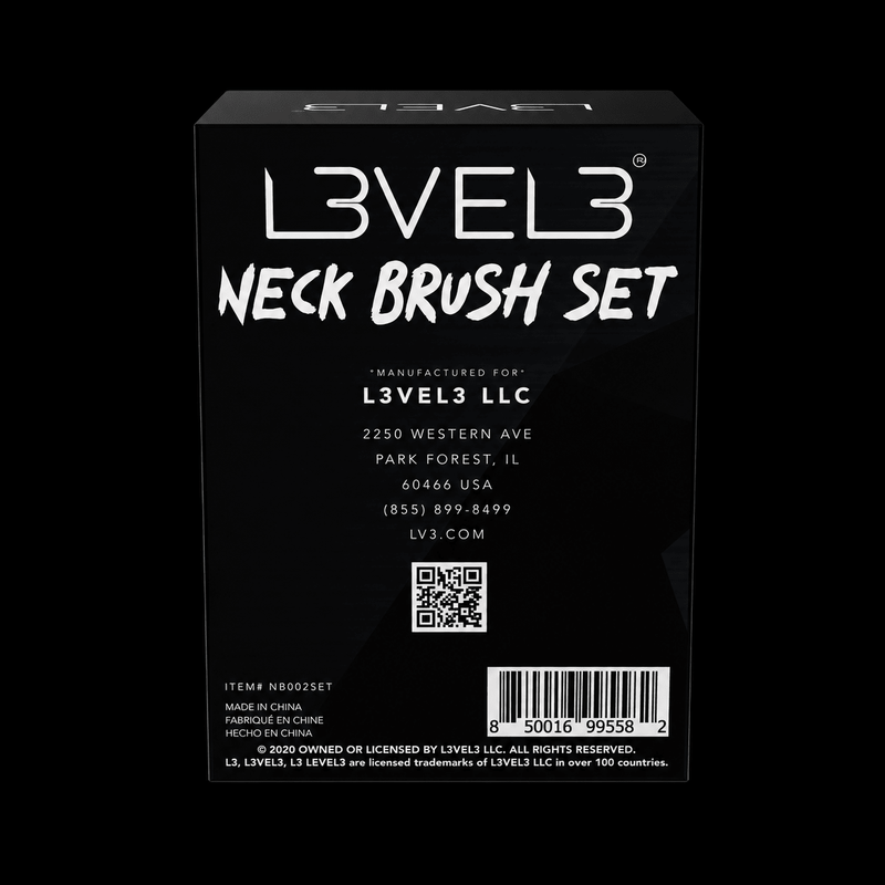L3VEL3 Professional Neck Brush Set Back Packaging with Product Information and Barcode