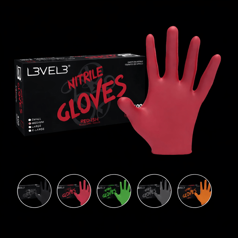 L3VEL3 Gloves 100 Count Box with single red glove displayed with other color ways beneath