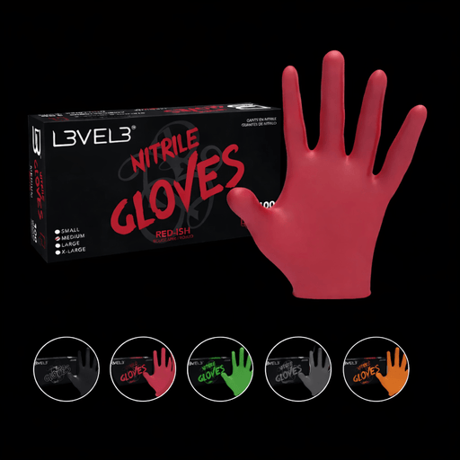 L3VEL3 Gloves 100 Count Box with single red glove displayed with other color ways beneath