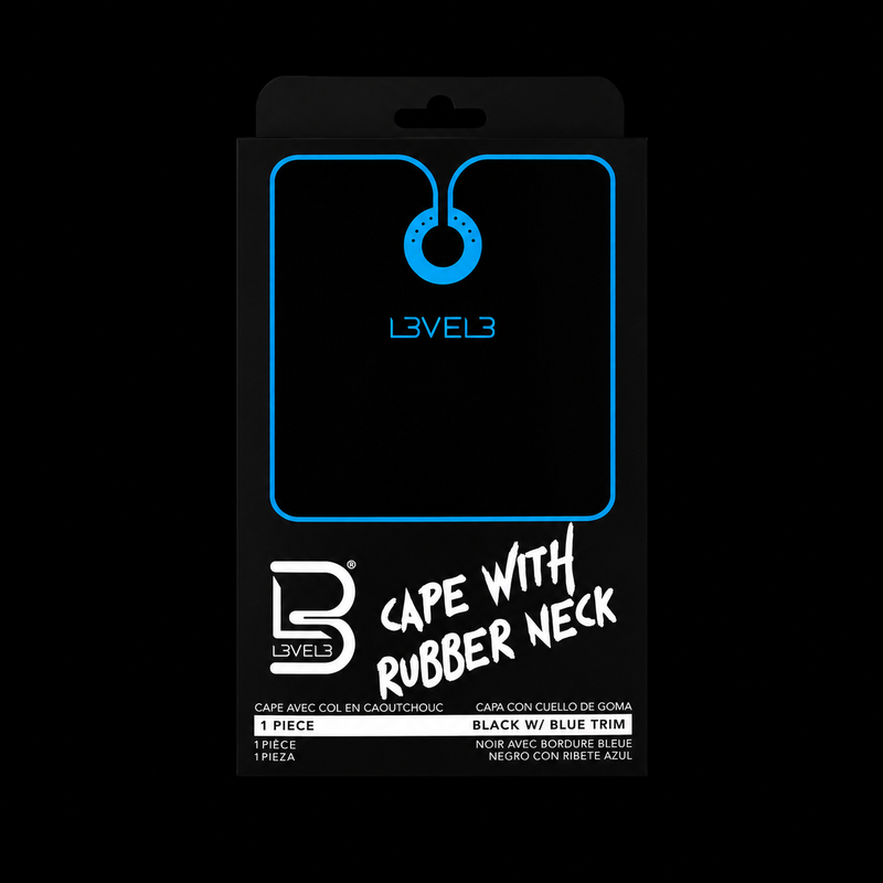 L3VEL3 Cape with Rubber Neck retail packaging, black box with blue trim graphic