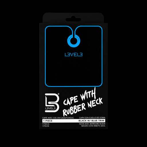 L3VEL3 Cape with Rubber Neck retail packaging, black box with blue trim graphic