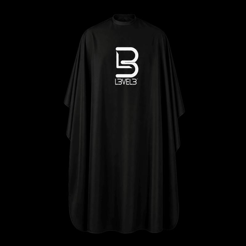 L3VEL3 Professional Rubber Neck Cutting Cape in solid black with L3VEL3 logo